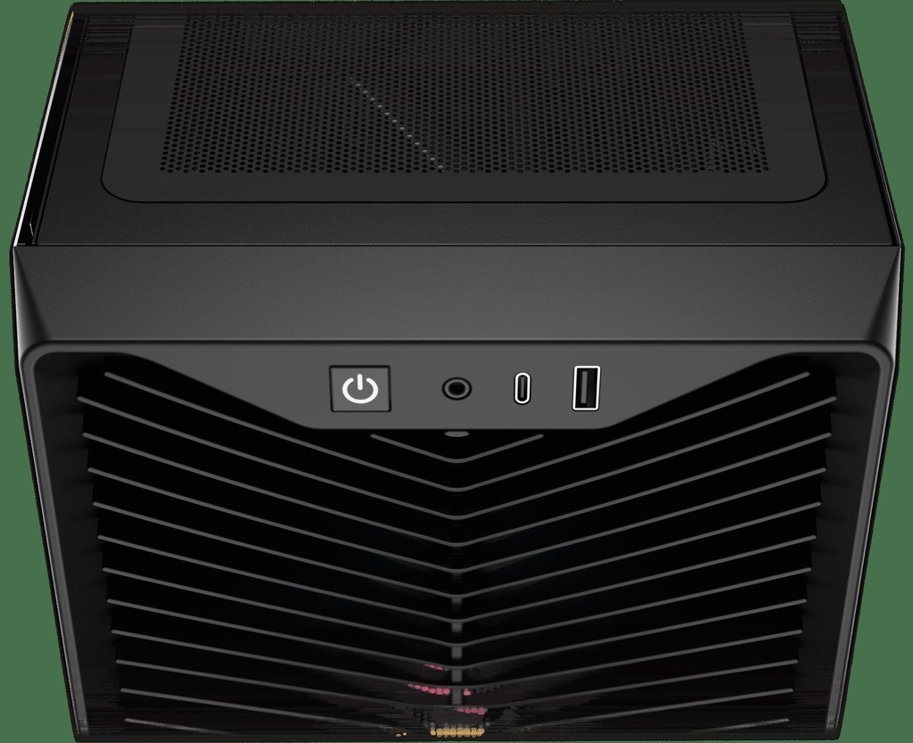 3200D RS ARGB black case top-down view showing front panel I/O: USB-C, USB-A ports, power button, and headphone jack.