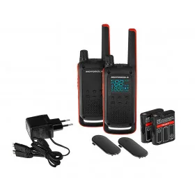 Motorola T82 Coppia Arancione Nero Walkie Talkie 10km Resistenza Ipx2 Led Torcia 16 Canali 121 Codici Privacy - Immagine