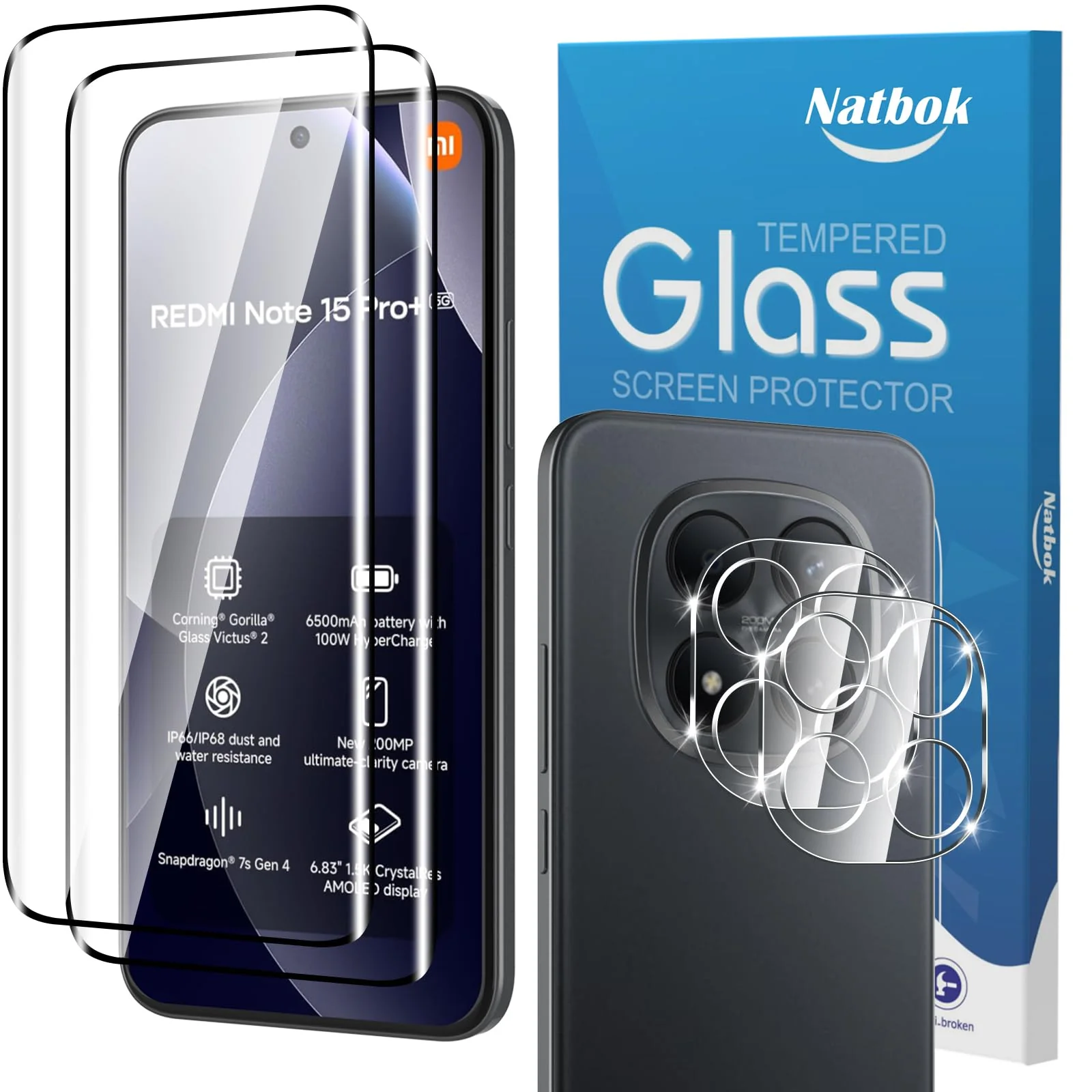 Natbok 2+2 Pack 3D Screen Protector for Xiaomi Redmi Note 15 Pro+ 5G / Note 15 Pro Plus 5G/Xiaomi Poco M8 Pro with Camera Len