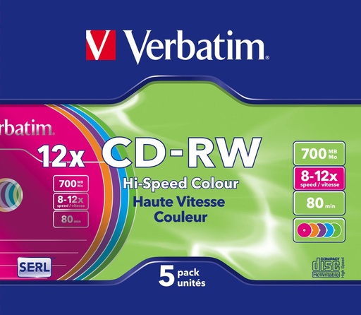 [43167/5] CD-RW 700MB 12X COLOR SLIM CASE 5PZ